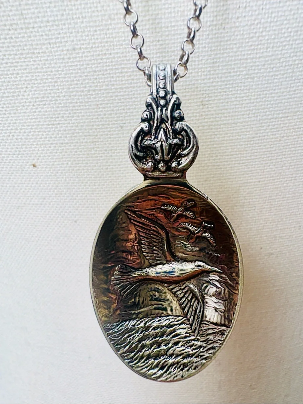 Handcrafted Spoon Pendant Necklace Sterling Silver Chain Seagull Motif - Picture 1 of 6